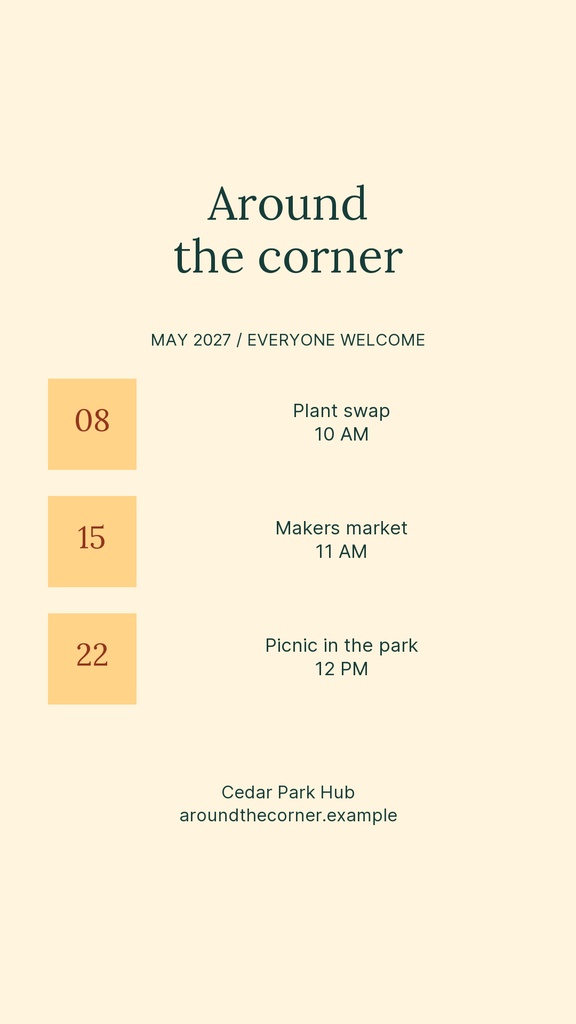 Portrait Instagram story template with a beige background, event dates, and a community schedule titled Around the corner.