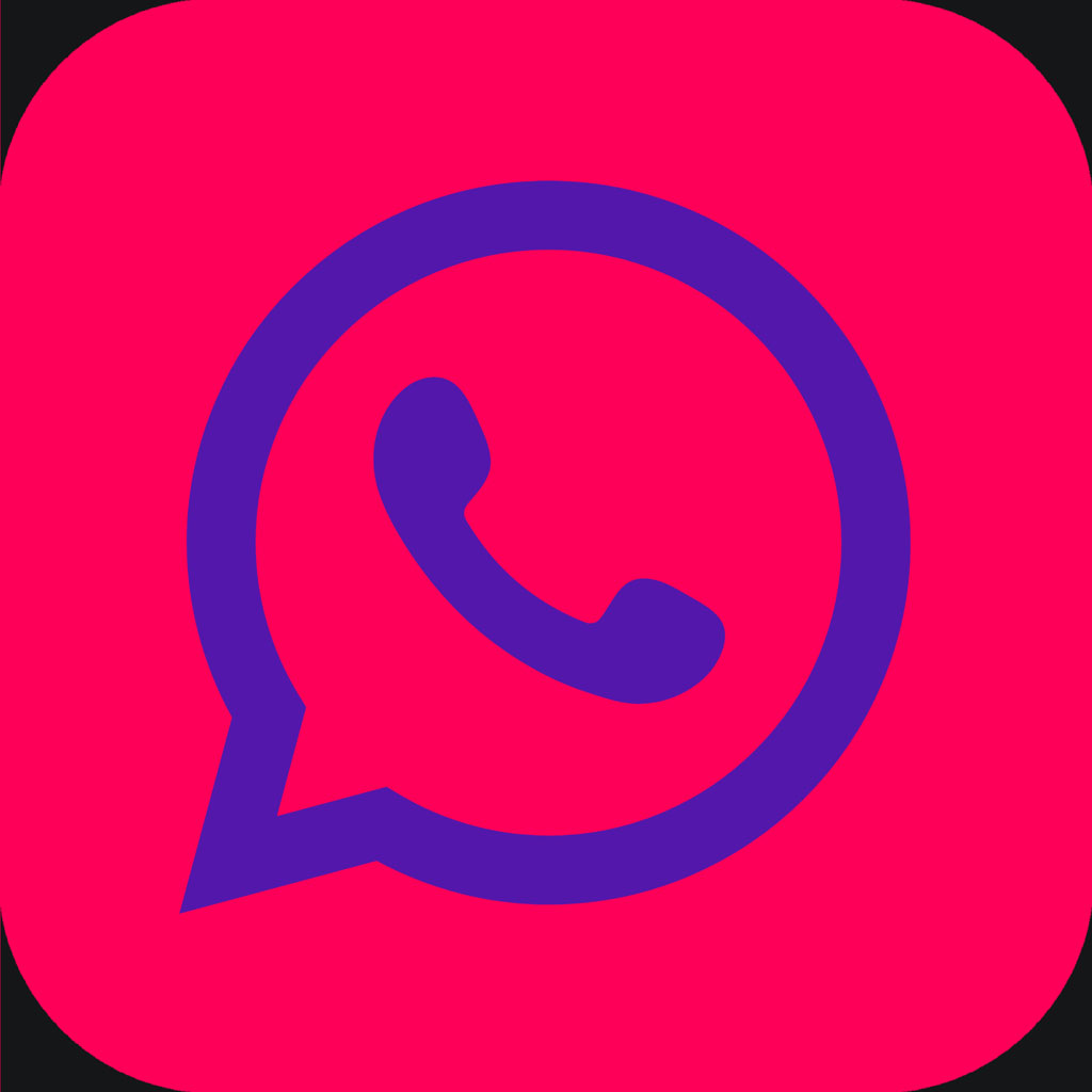 WhatsApp icon with a purple speech bubble containing a phone receiver on a pink square background.