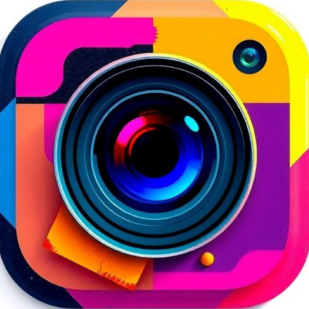 Stylized camera icon with vibrant colors and abstract shapes
