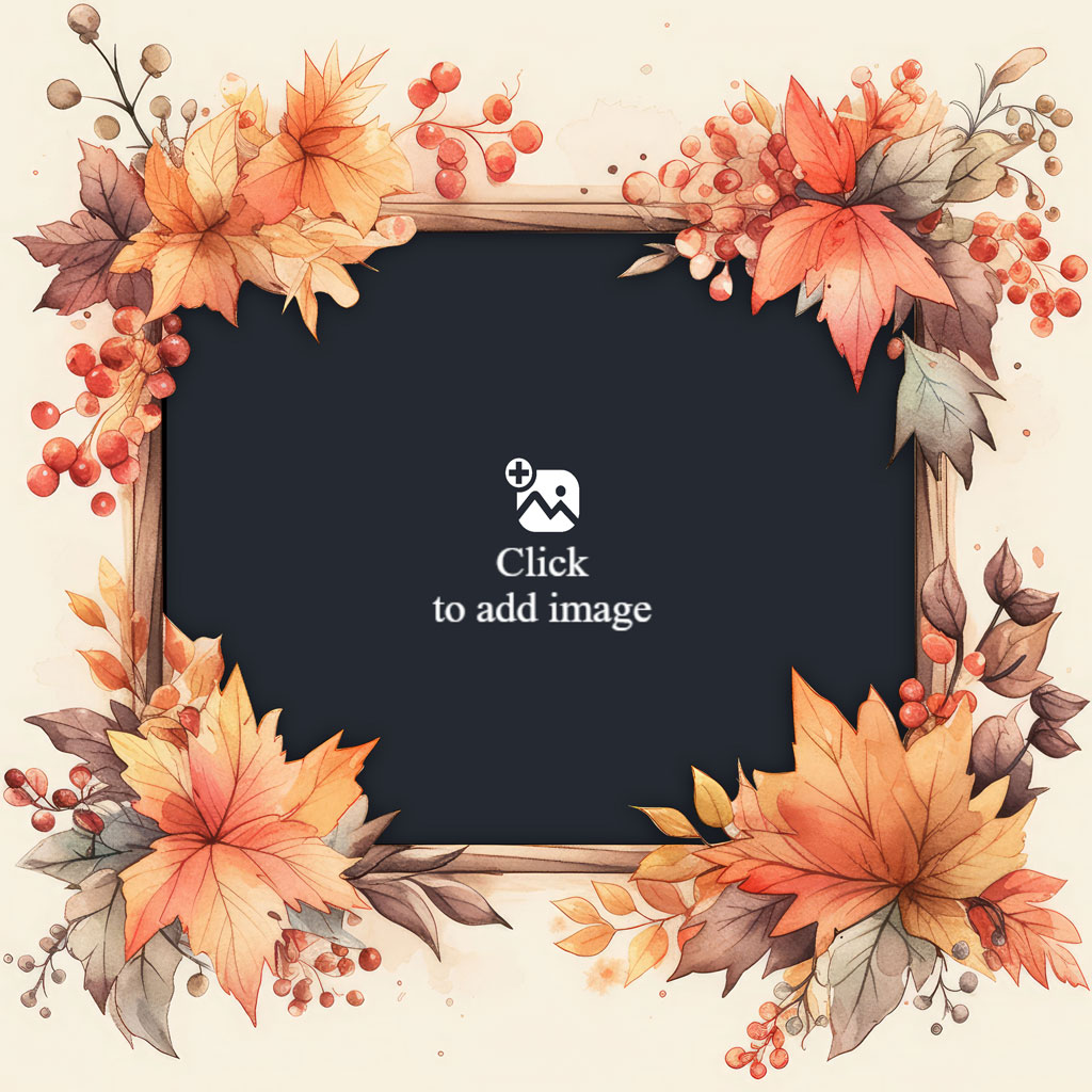 An autumn-themed frame with orange and brown leaves and red berries around a blackboard.