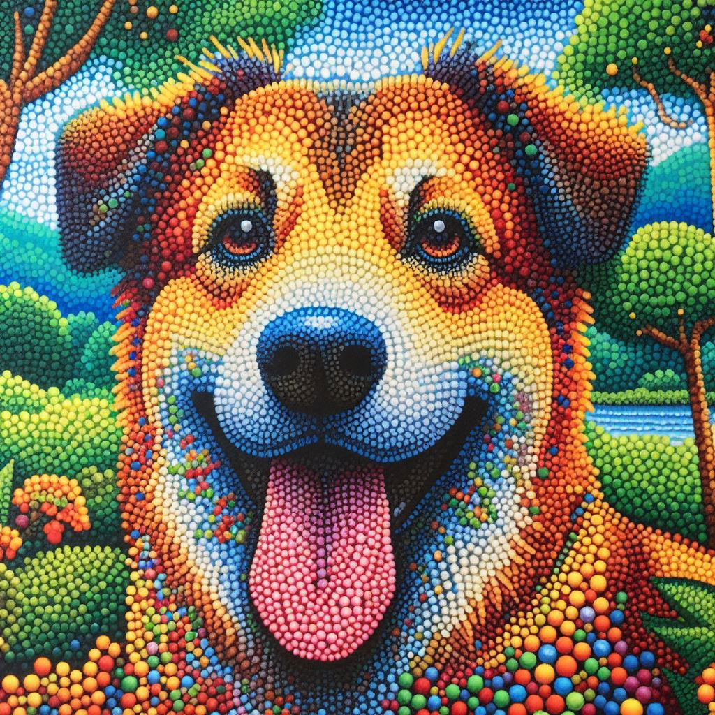 A mosaic dog with a joyful expression, surrounded by trees and a serene landscape.