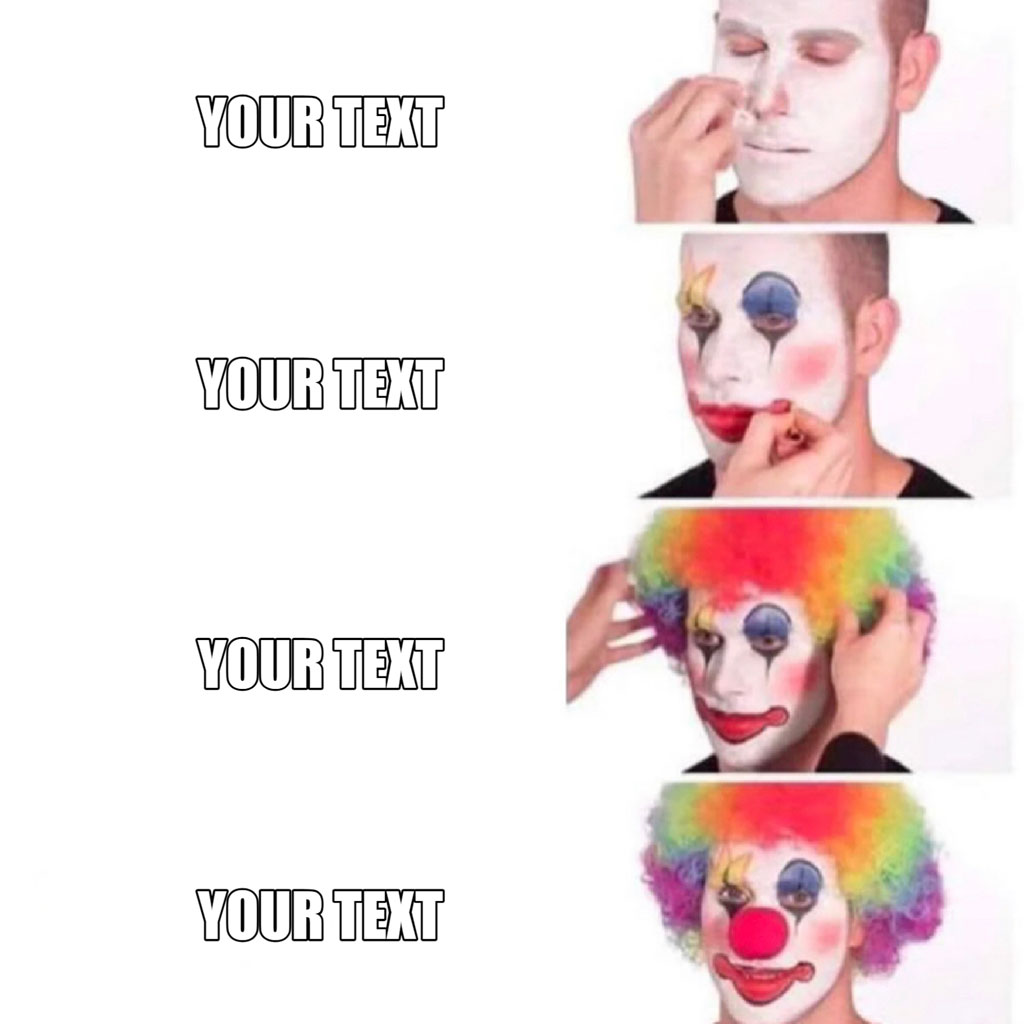Four stages of a man transforming into a clown