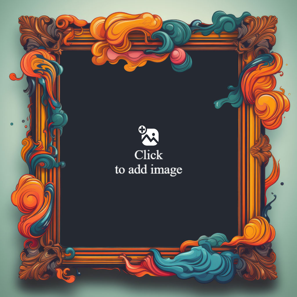 An ornate, colorful frame with swirling patterns on a black background