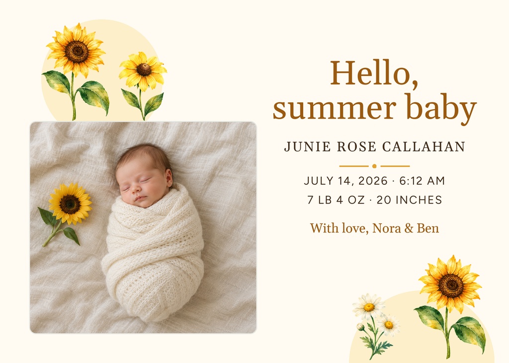 Preview for Hello, Summer Baby 7 × 5 Birth Announcement Template