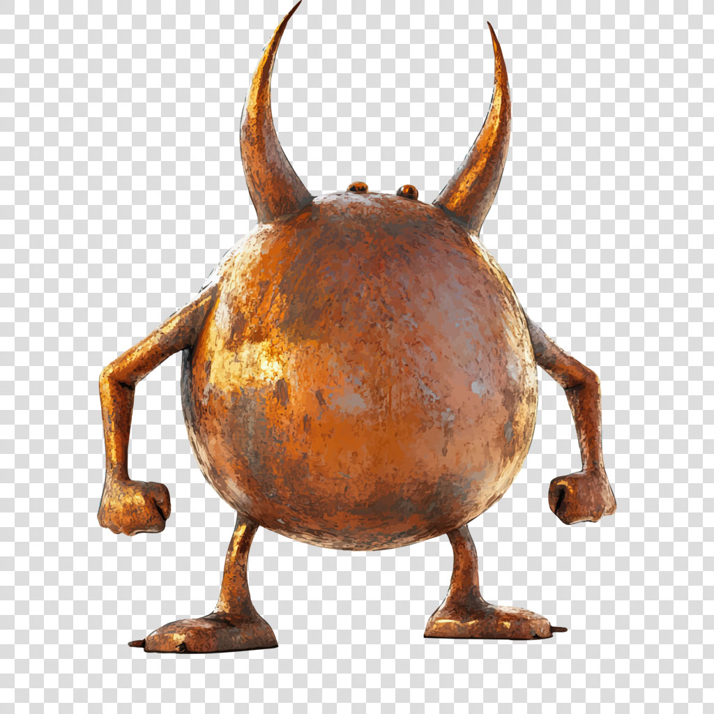 A rusty metal sculpture of a cartoon devil with horns and clenched fists.