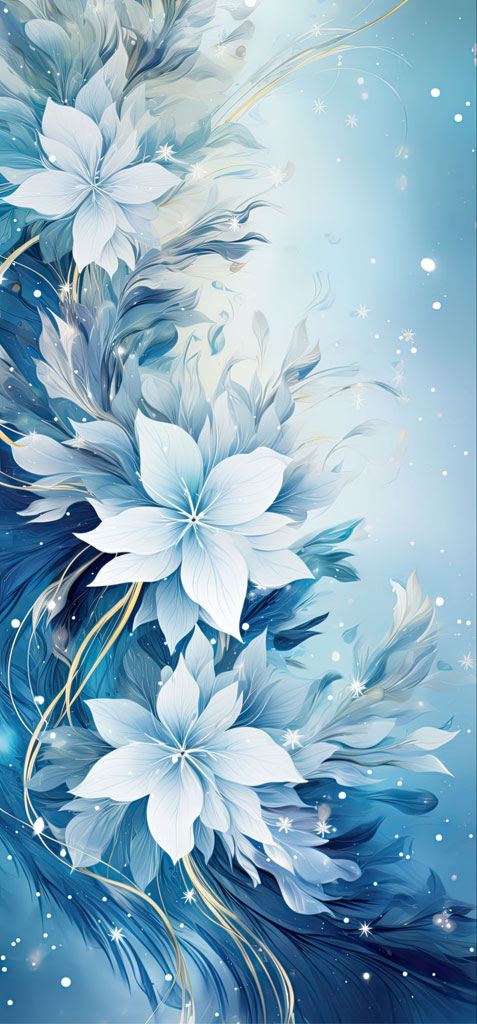 A digital illustration of blue and white flowers with gold accents on a blue background.