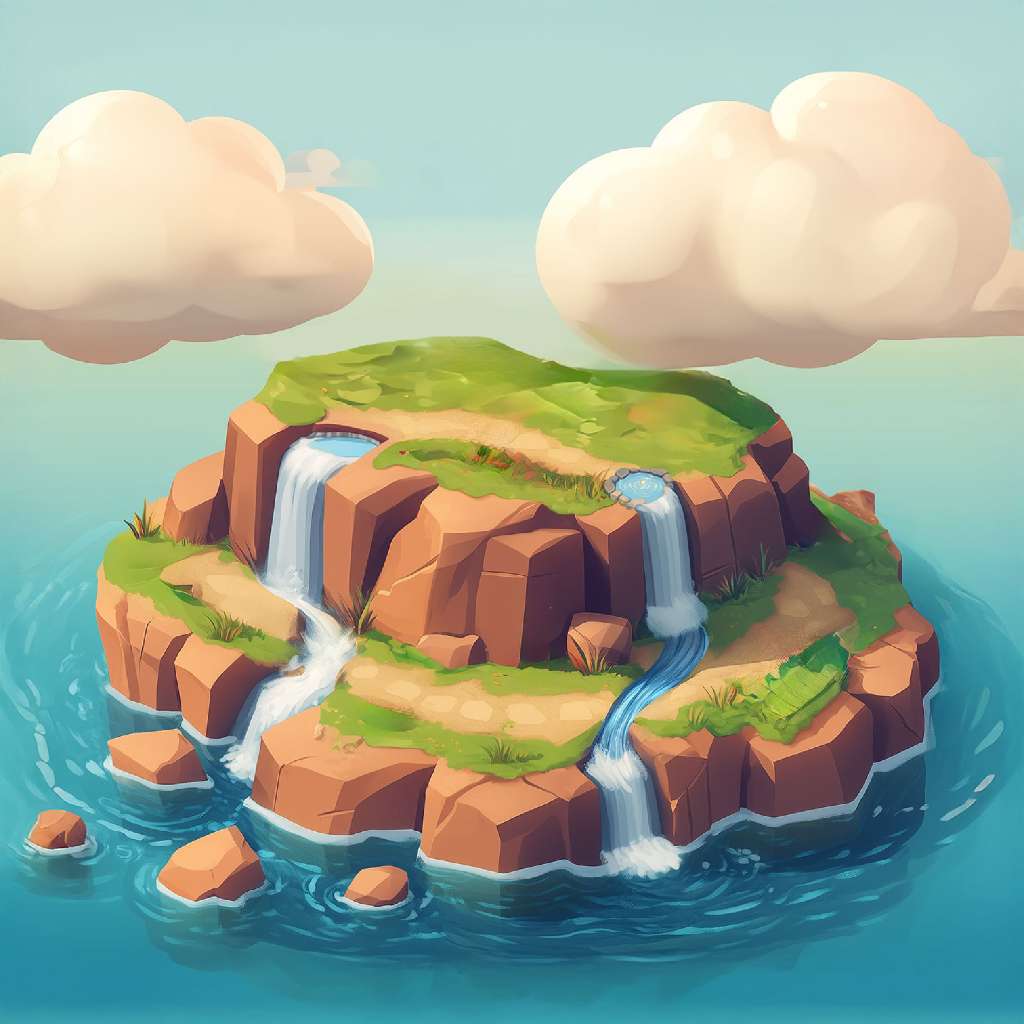 A cartoon-style illustration of a floating island with multiple waterfalls cascading into the surrounding water.