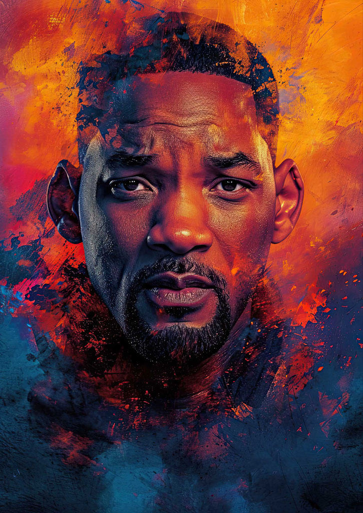 A close-up portrait of a man with a beard and short hair, set against a vibrant, abstract background.