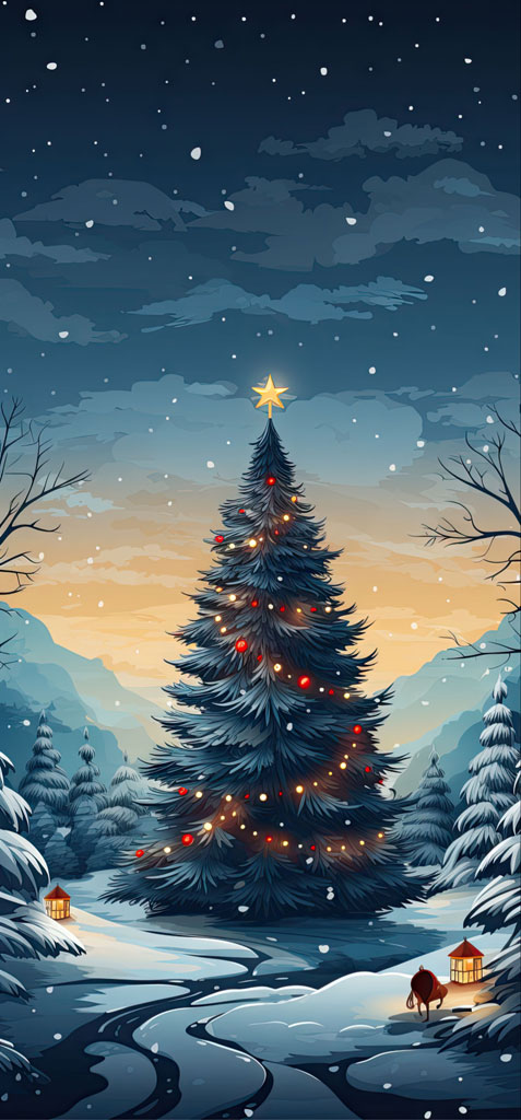 A large Christmas tree decorated with lights and ornaments stands in a snowy forest.