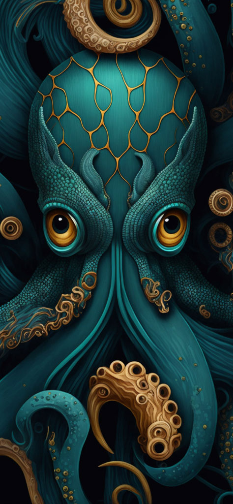 Digital artwork featuring a teal octopus with gold details and large, expressive eyes.