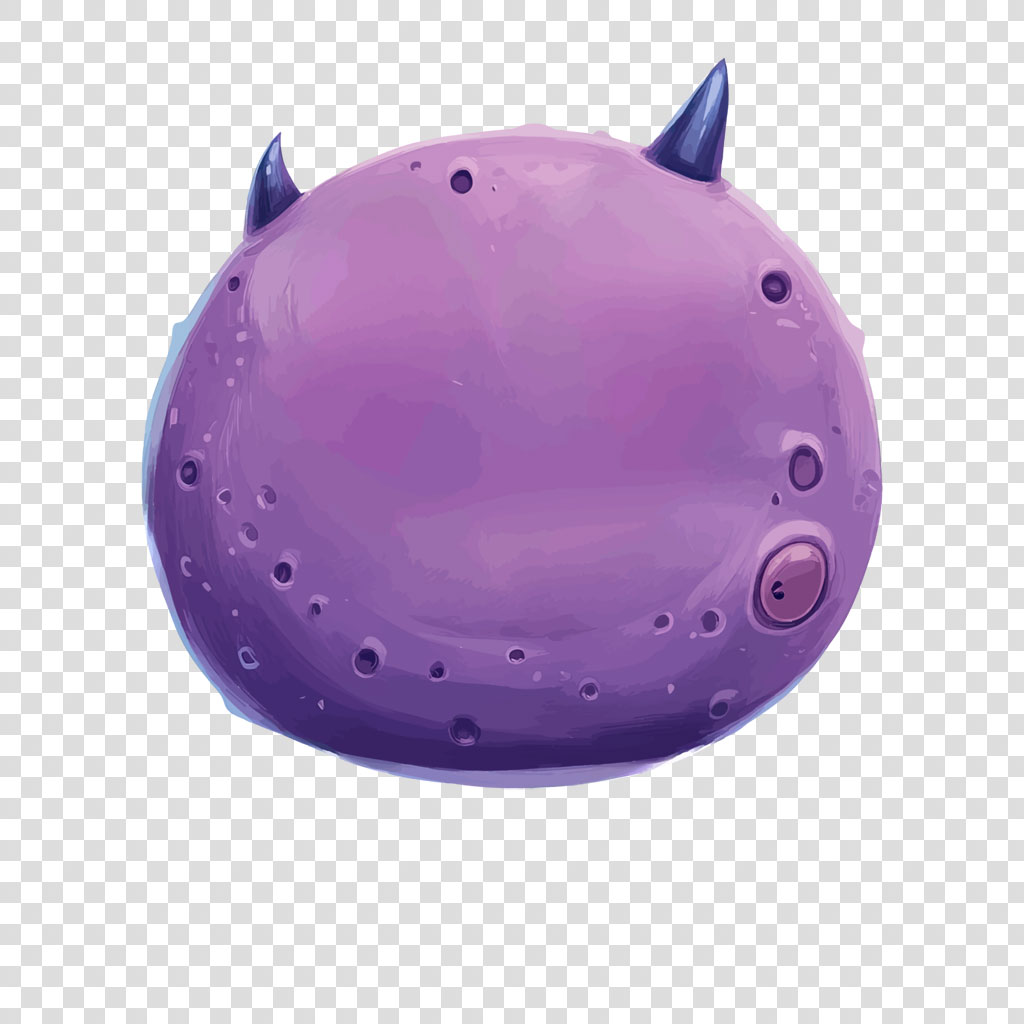 Purple monster with horns and a round body