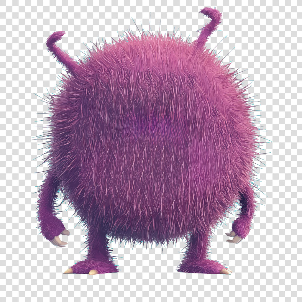 A purple, furry monster with two horns and sharp claws standing on a white background.