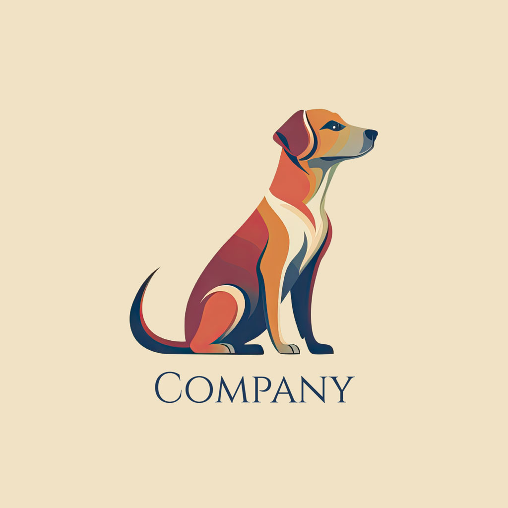 Stylized illustration of a dog sitting with a multicolored geometric design