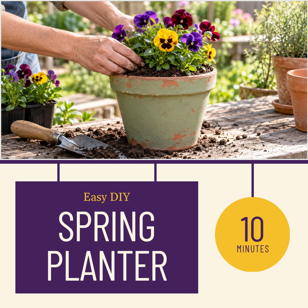 Hands planting colorful flowers in a pot with a spring planter title block.