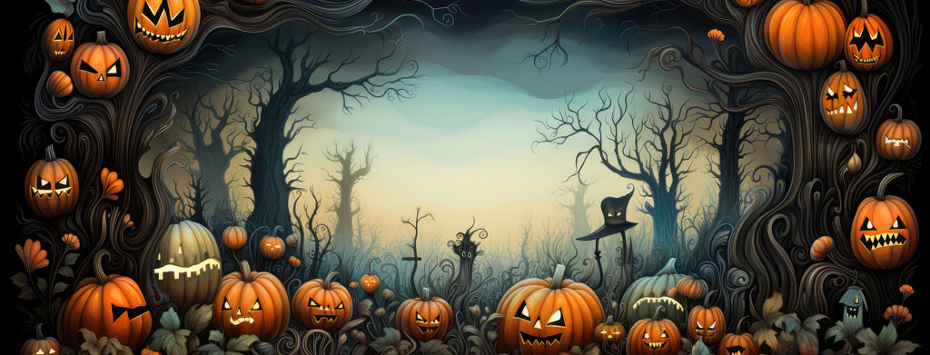 A dark forest filled with carved pumpkins and bare trees under a gloomy sky