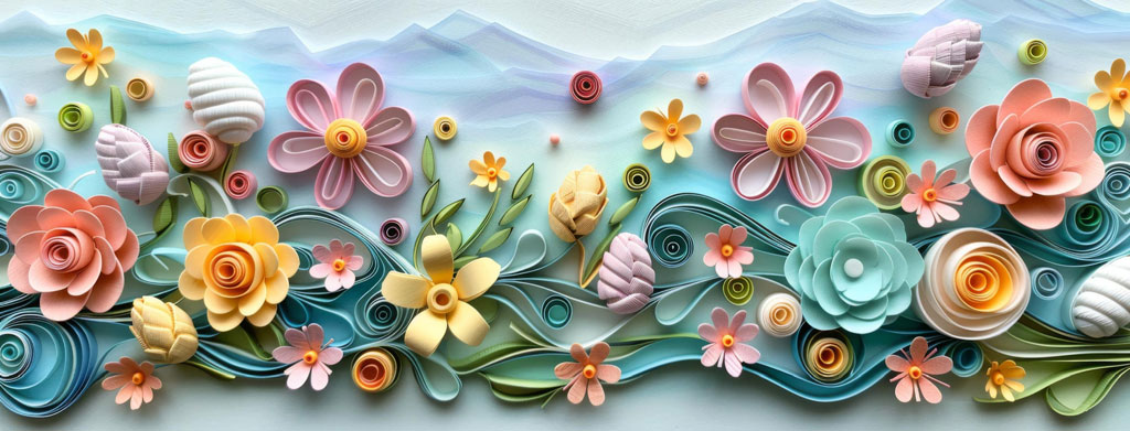 Colorful paper quilled flowers and leaves arranged in a scenic pattern
