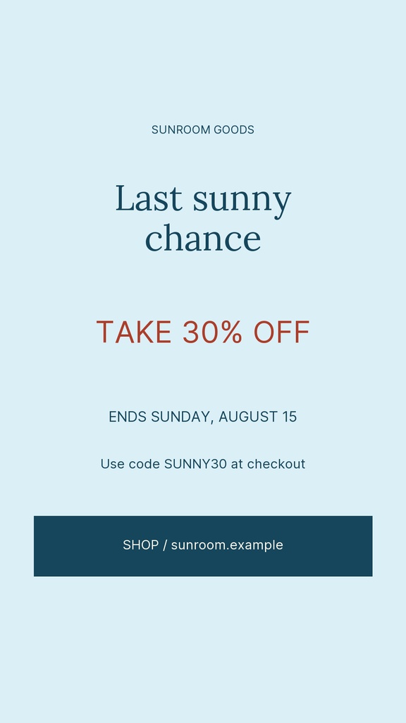 Sky blue Instagram story template with sale text, discount offer, and shop button.