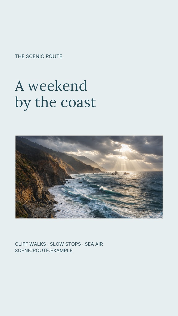 Minimal portrait template with the title A weekend by the coast over a coastal landscape photo.