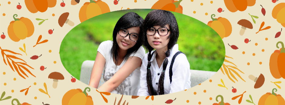 Two young women posing together outdoors with an autumn-themed border.