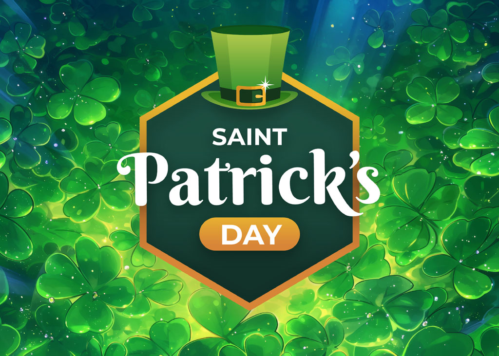Saint Patrick's Day graphic with shamrocks and leprechaun hat