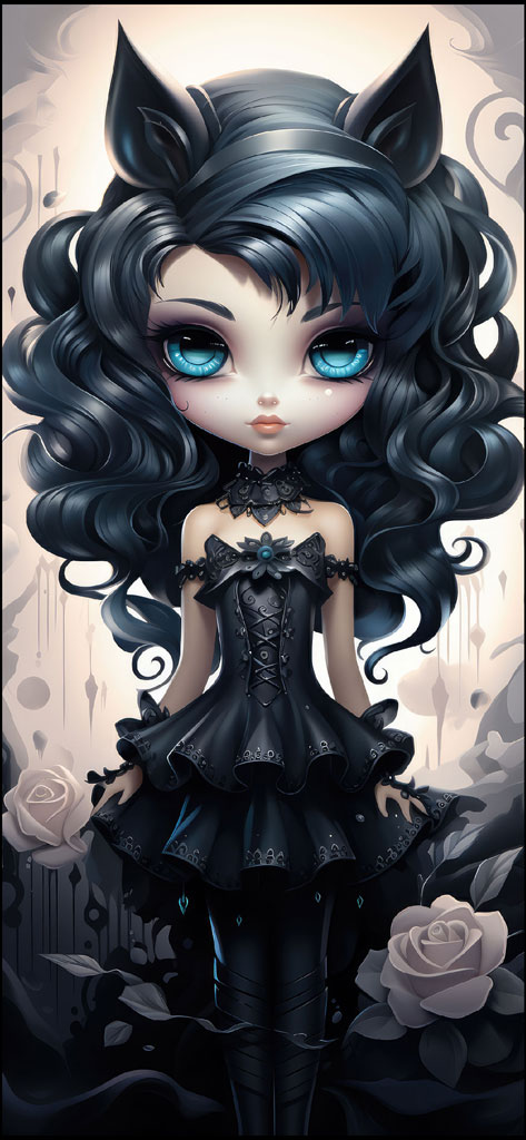 A cartoon girl with black hair and blue eyes wearing a black dress and holding a white rose.