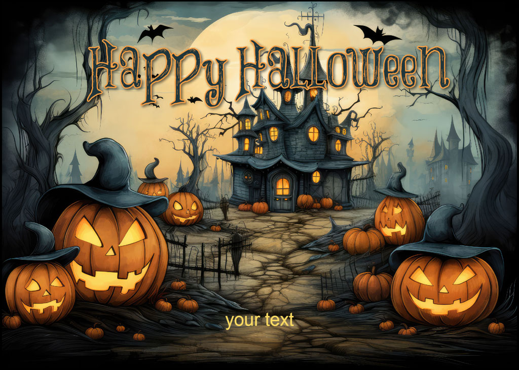 Halloween illustration with a haunted house and carved pumpkins