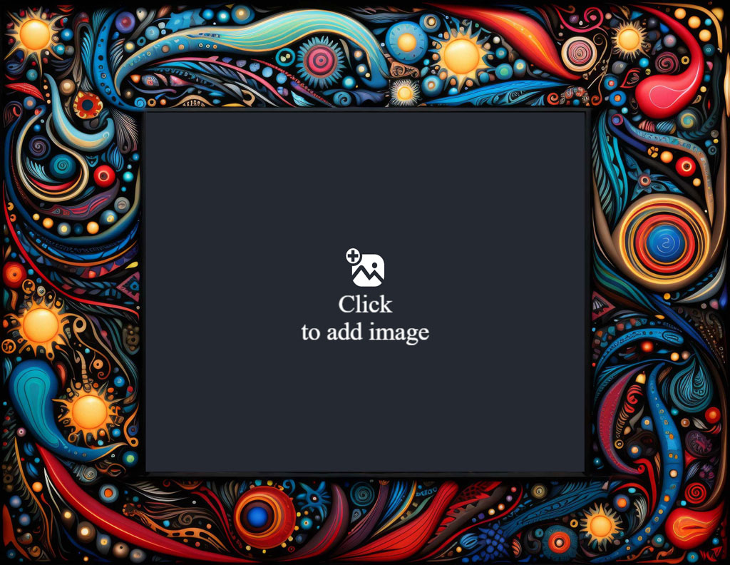 A black rectangular frame surrounded by a vibrant, swirling abstract pattern with various colors and lights.