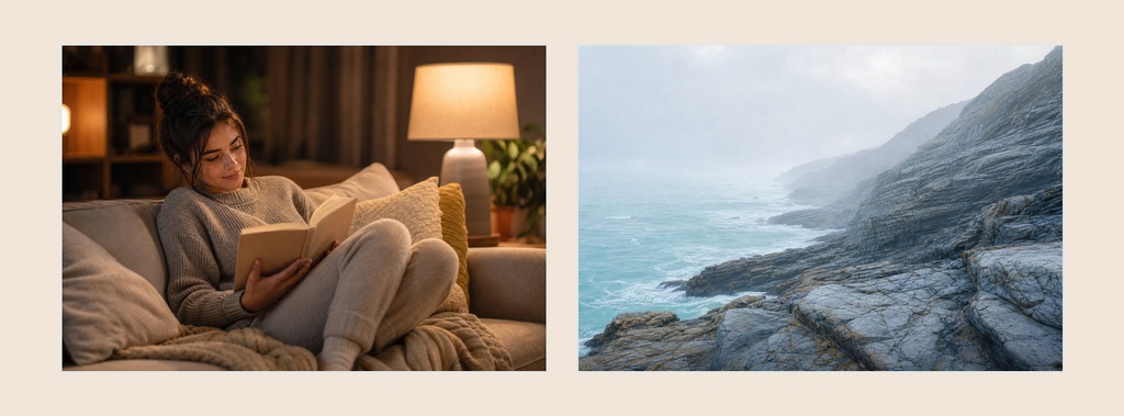 Woman reading a book on a sofa beside a lamp, paired with a rocky seaside landscape.