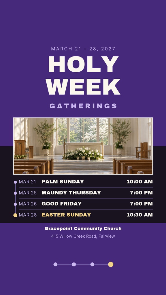 Purple Instagram story template for Holy Week gatherings with church event dates and service times.