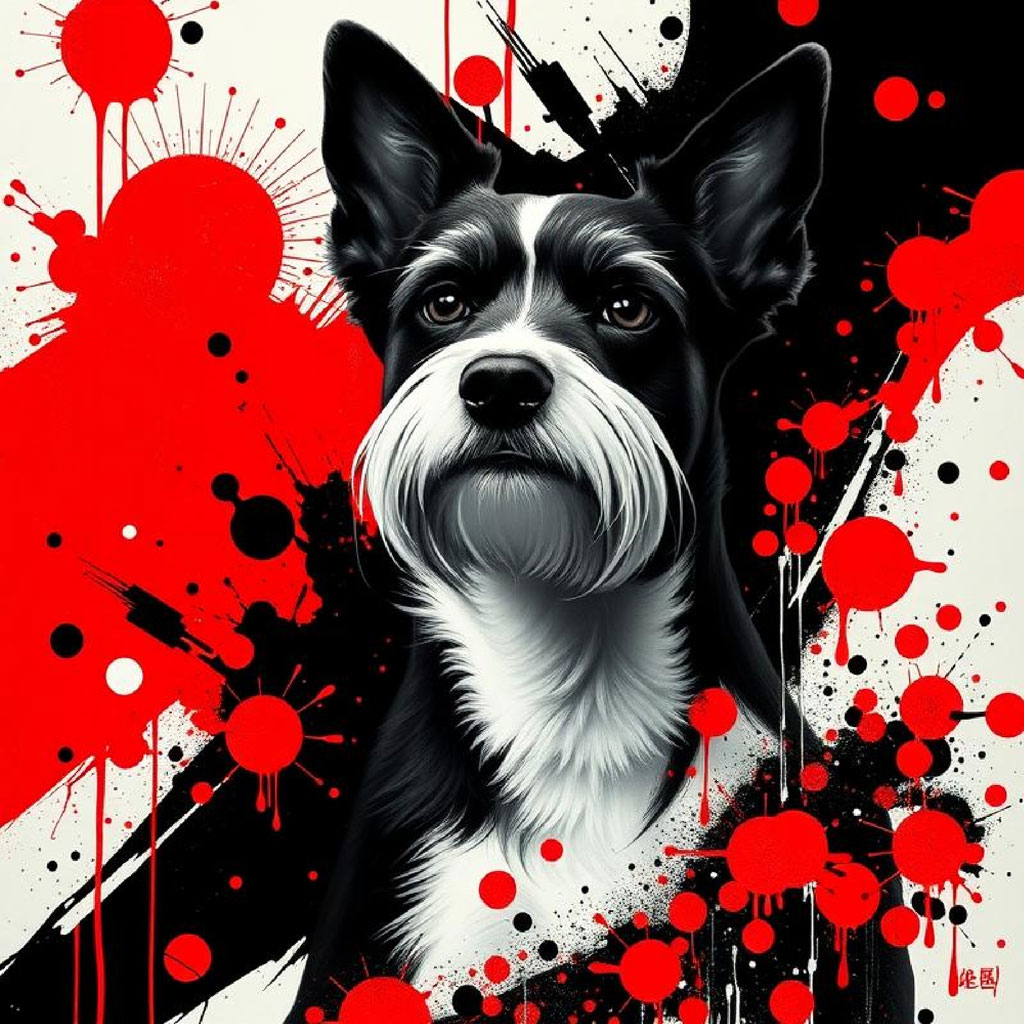 Black and white portrait with red abstract shapes