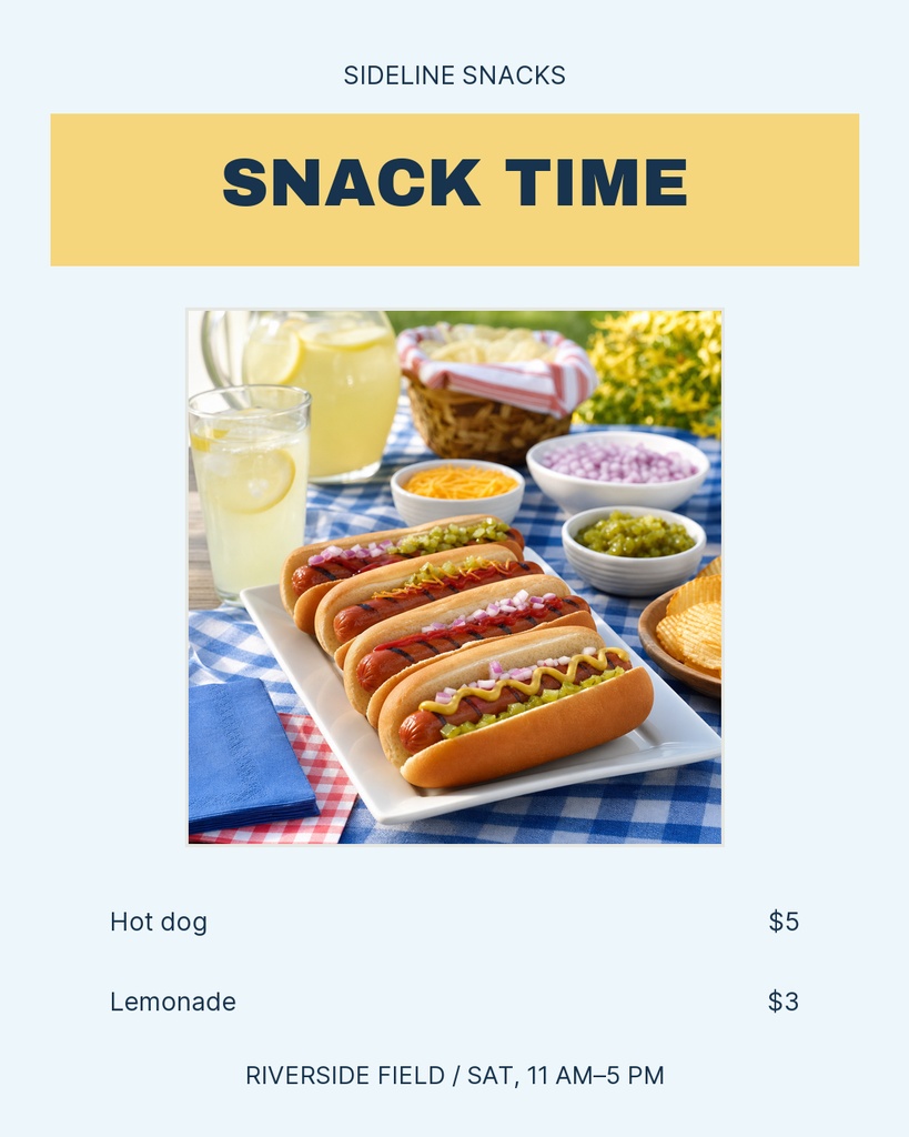 Portrait menu post with snack time headline, hot dogs, lemonade, and game day pricing.