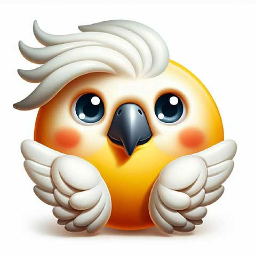 3D illustration of a white cockatoo with a yellow crest and orange feet