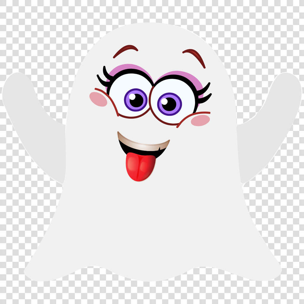 A cartoon ghost with a playful expression and purple eyes.
