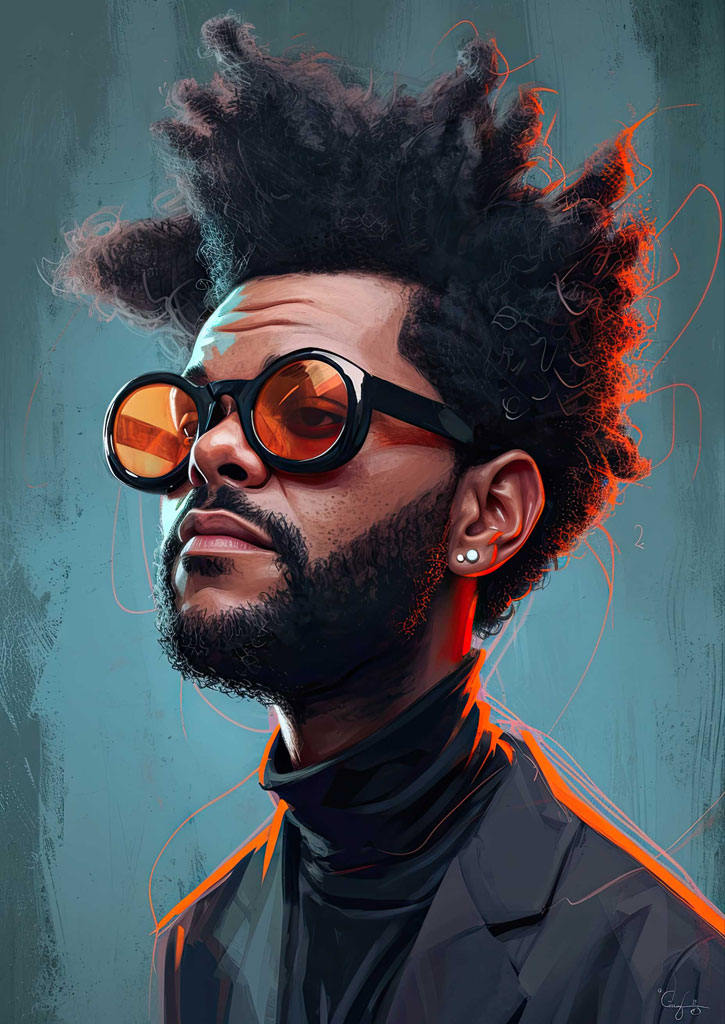 The Weeknd in a black turtleneck and jacket with orange accents, wearing sunglasses against a blue background.