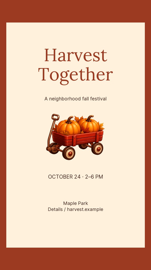 Vertical fall festival poster with pumpkins in a wooden wagon and Harvest Together text.