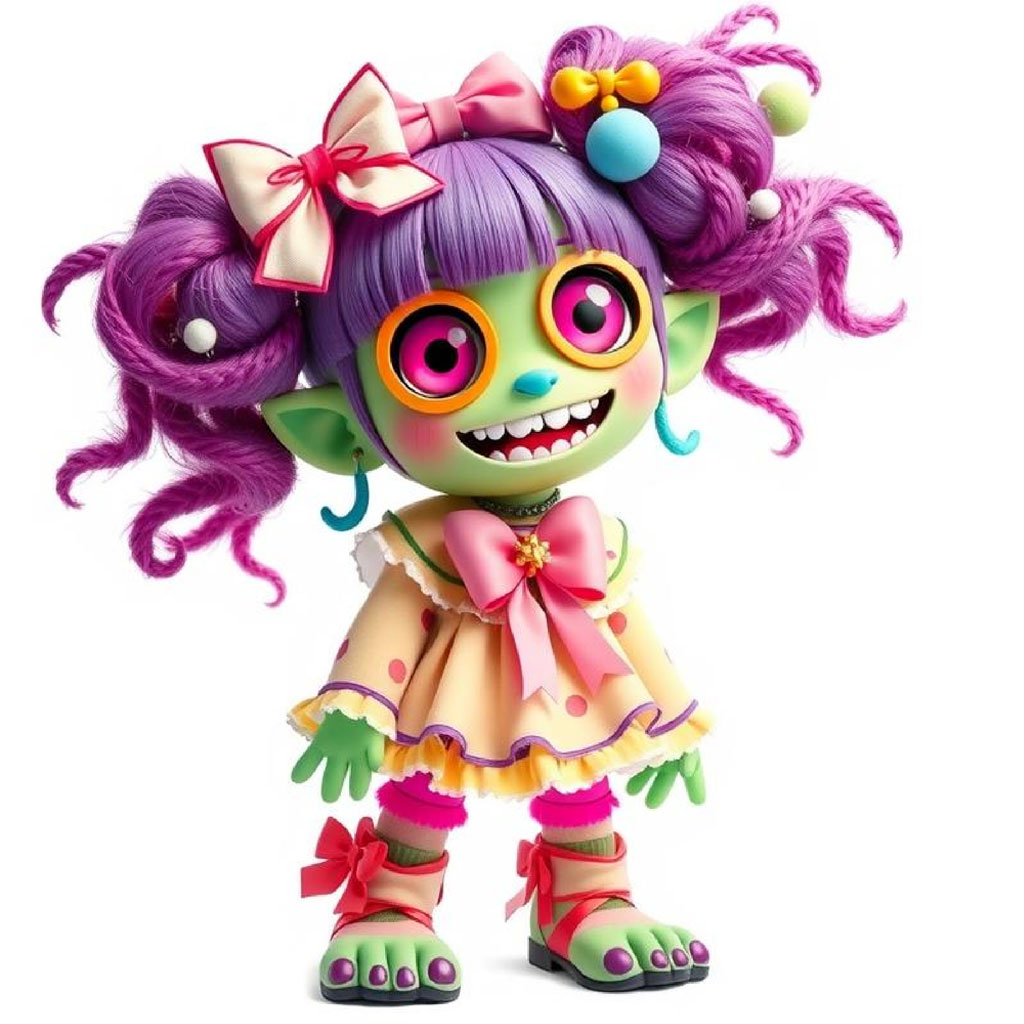 A cartoon monster with green skin, purple hair styled in buns, wearing a yellow dress and colorful accessories.