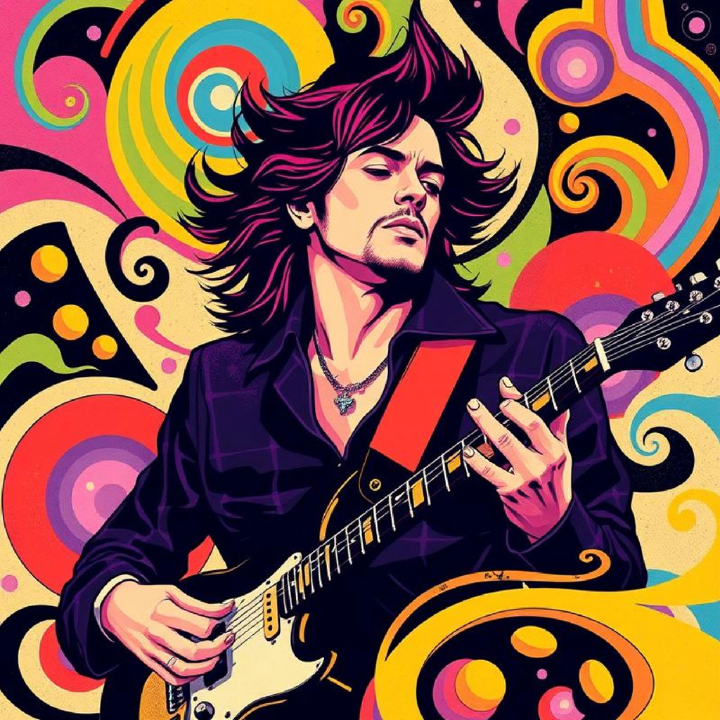 Illustration of a man with long hair playing an electric guitar