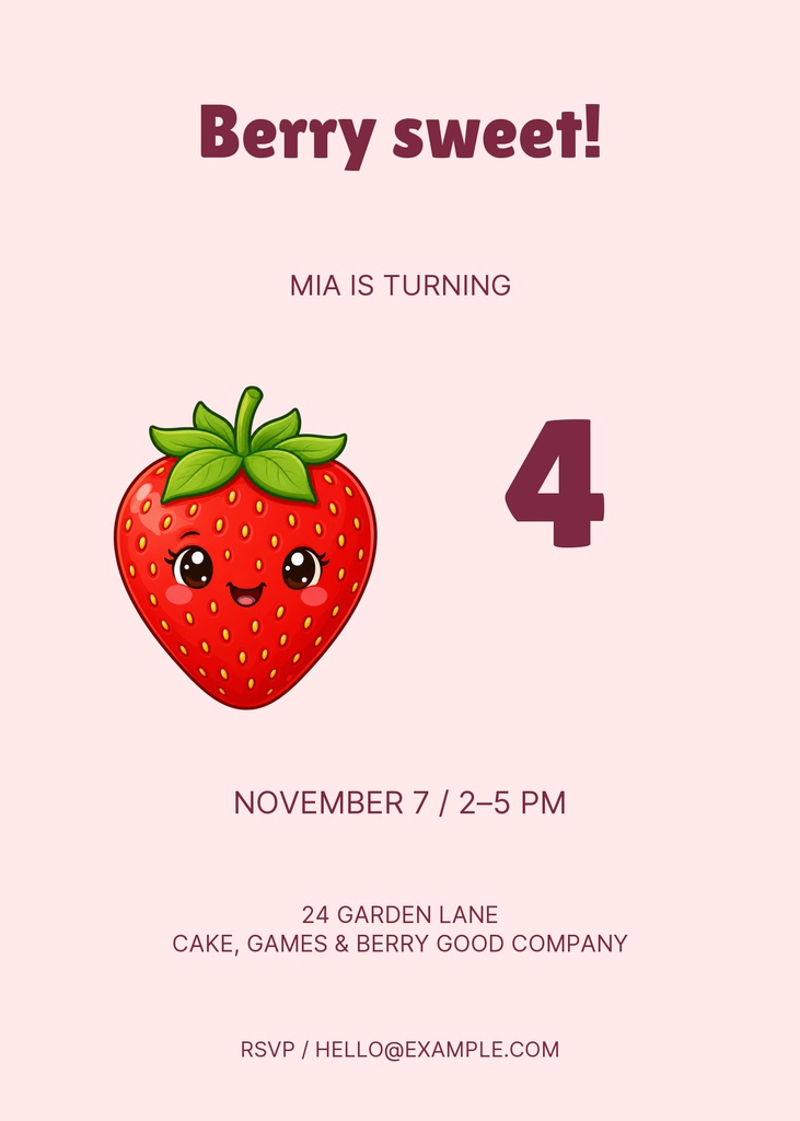 Preview for A Berry Sweet Birthday 5 × 7 Invitation Template