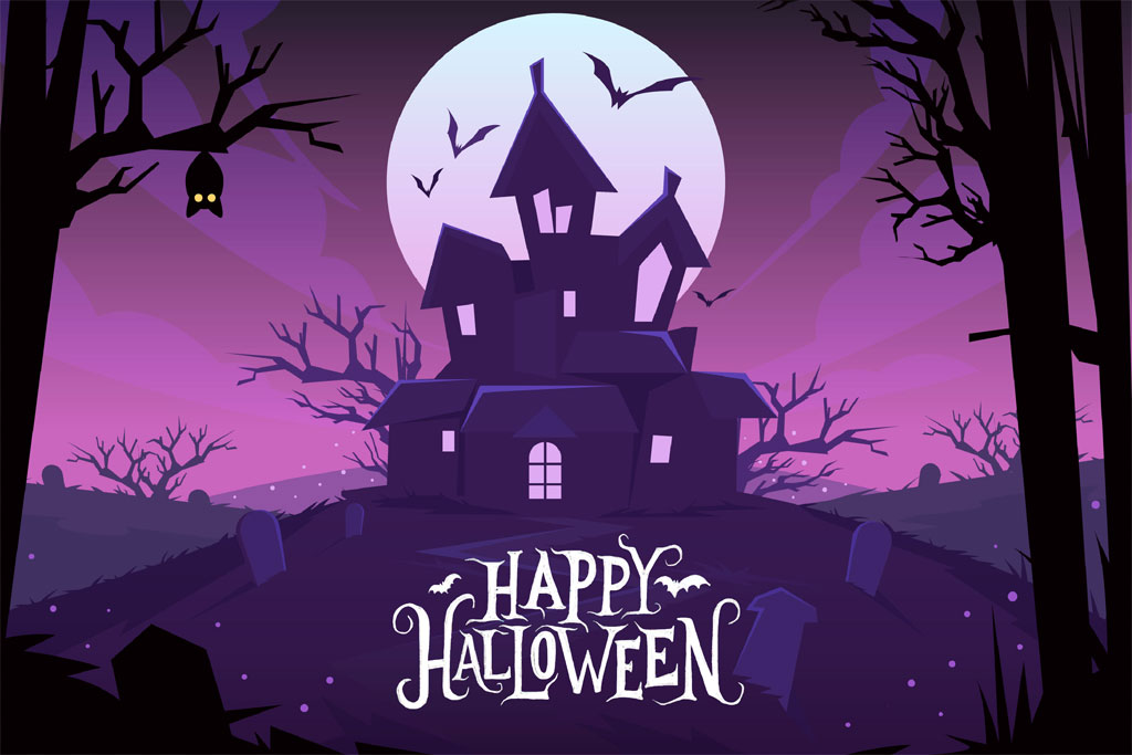 A spooky haunted house with a full moon and flying bats