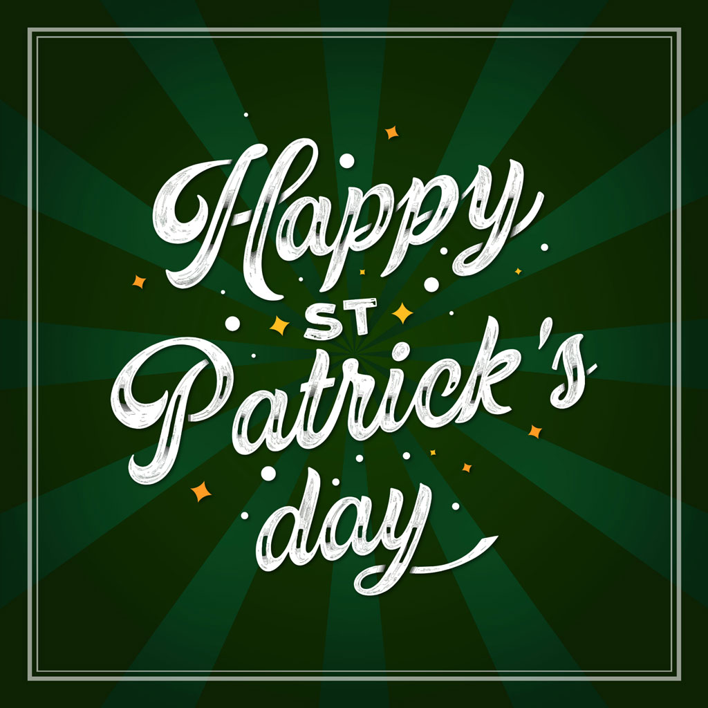 Happy St. Patrick's Day graphic with green background and white text
