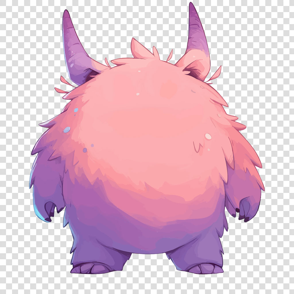 A cute, fluffy monster with pink and purple fur and two horns.