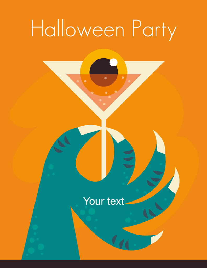 Halloween party invitation with a cocktail glass held by a monster hand