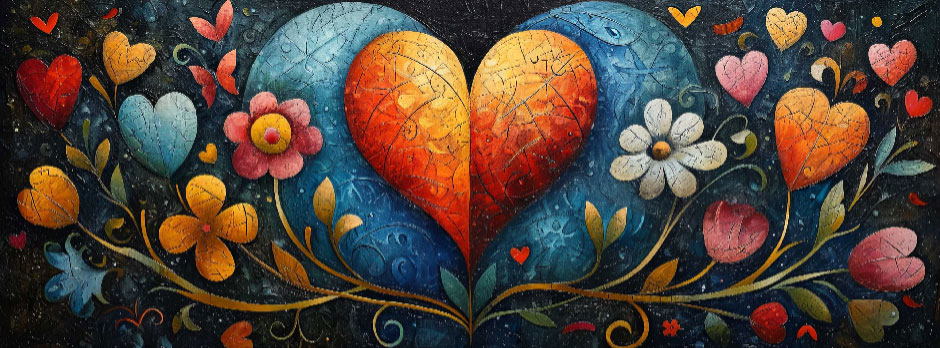A stylized image of hearts and flowers in various colors.