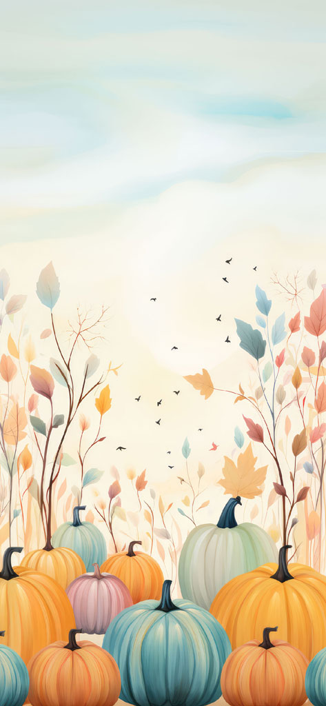 Colorful pumpkins and autumn leaves illustration