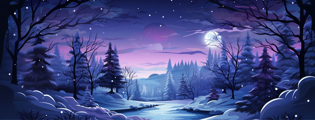 A serene winter landscape with snow-covered trees and a moonlit sky