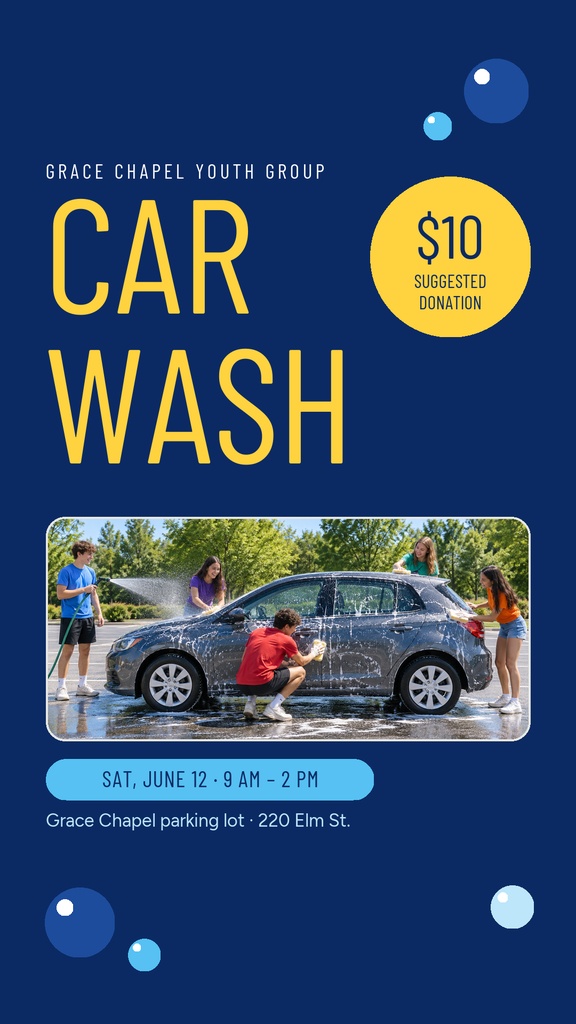 Blue Instagram Story template for a youth group car wash fundraiser with a car wash photo and donation amount.