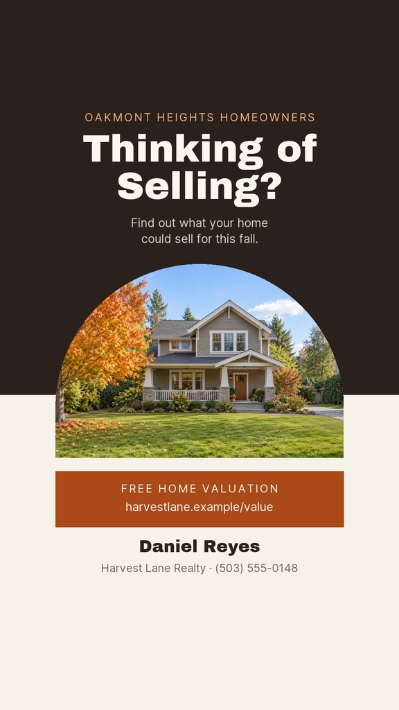 Instagram story design with a house photo, autumn trees, and home valuation text.