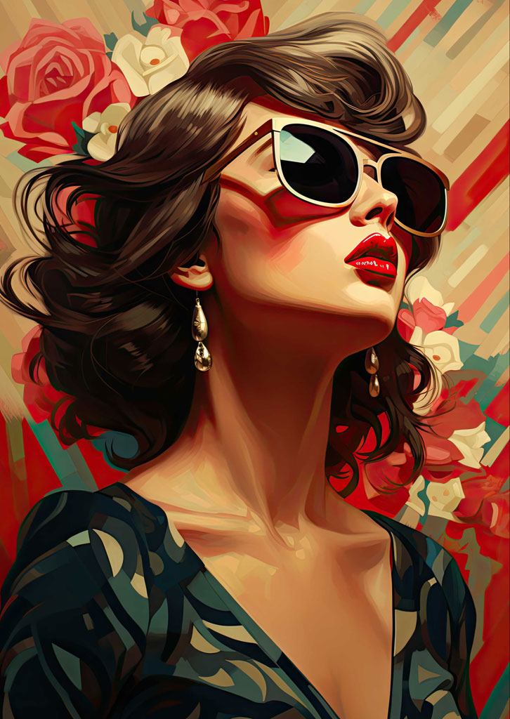 Illustration of a woman wearing sunglasses with flowers in her hair