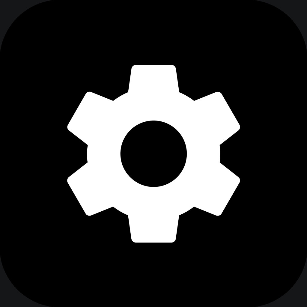 White gear icon on a black background
