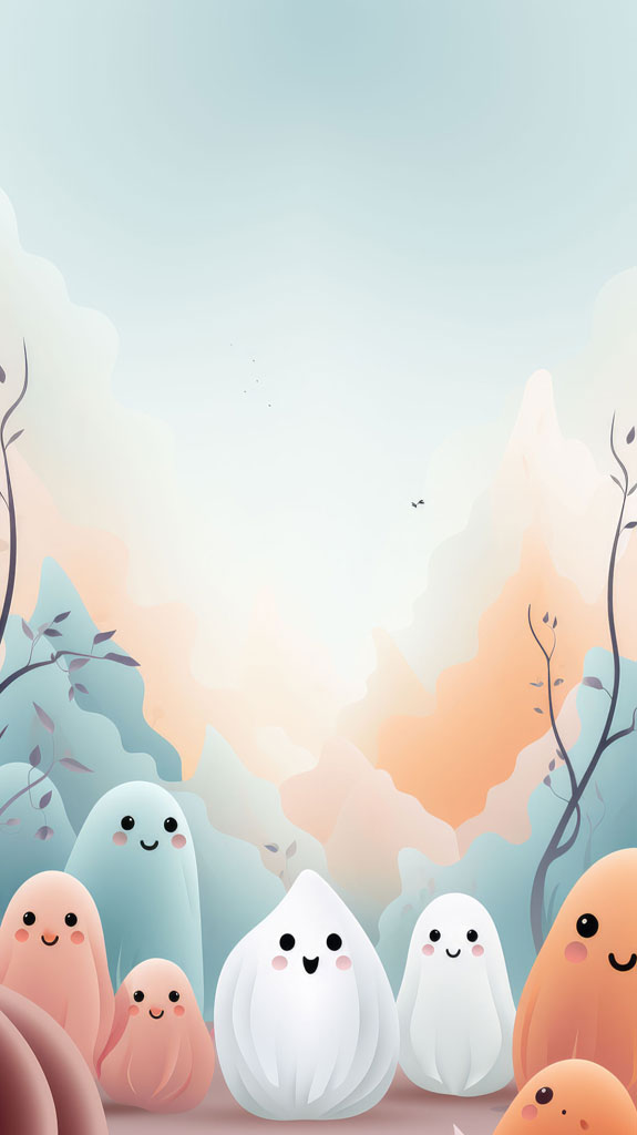 Cartoon characters in a dreamy landscape with pastel colors and soft features